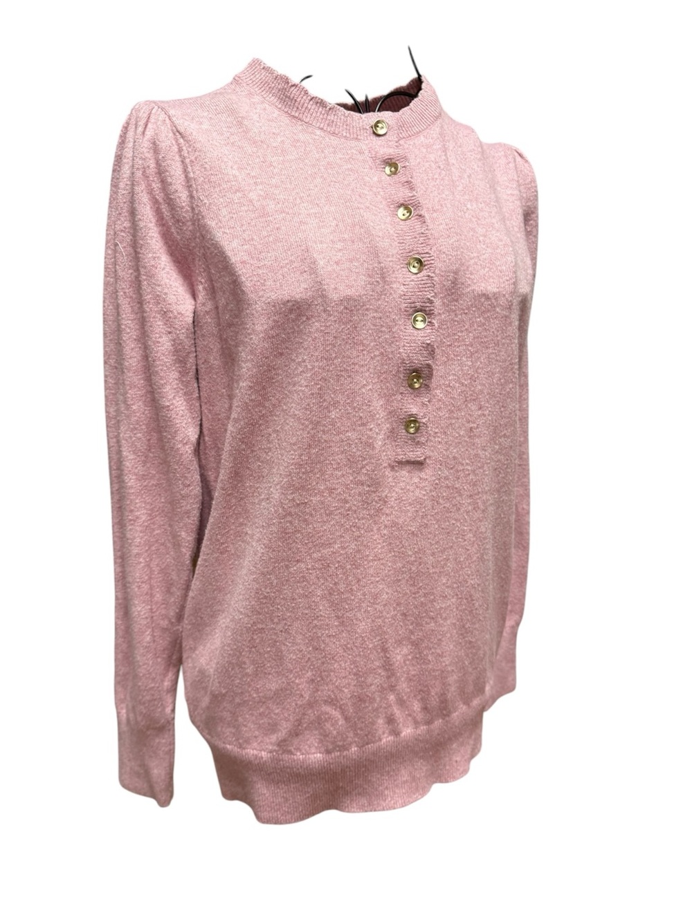 Pink Long-Sleeve Preppy Henley Knit  Sweater Medium